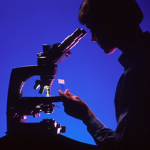 Researcher at a microscope