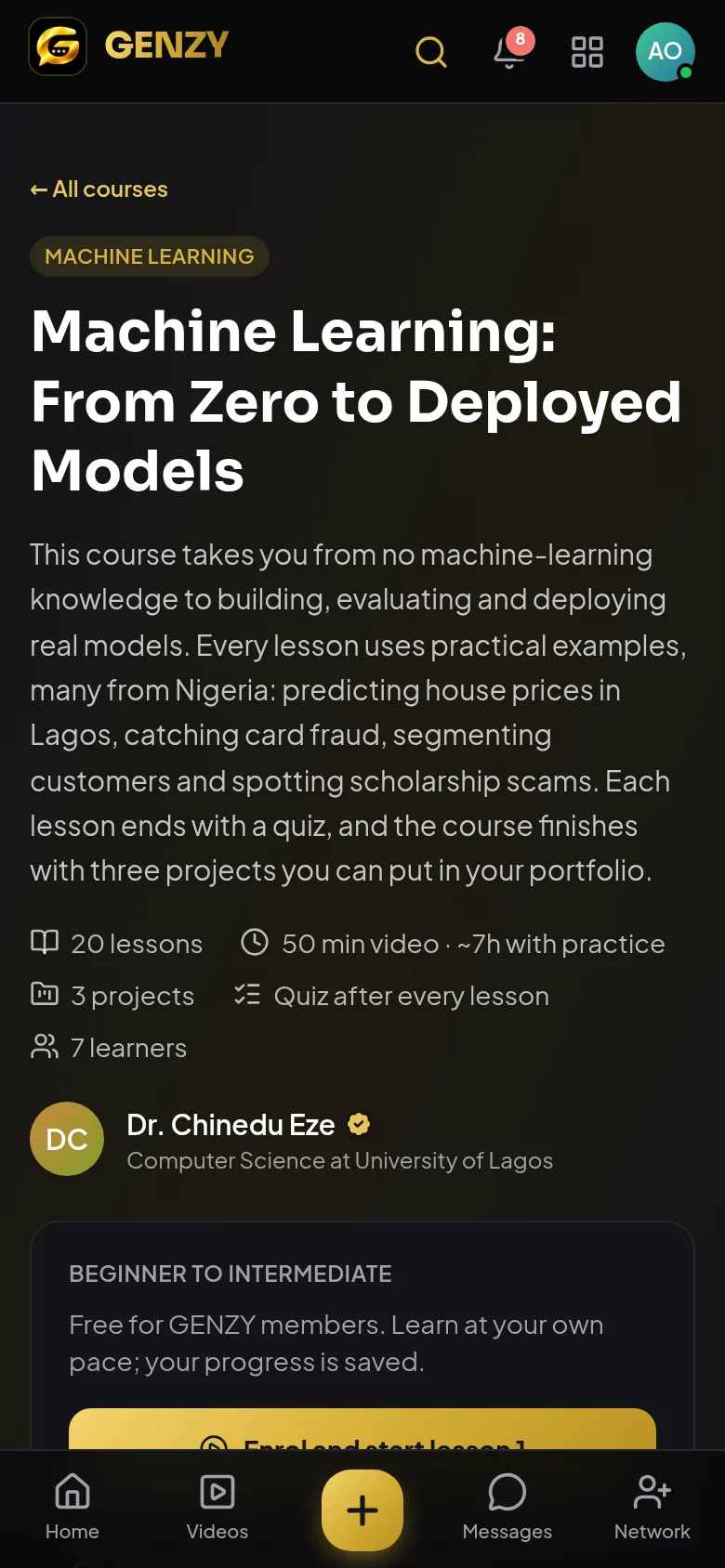 A GENZY course page: Machine Learning