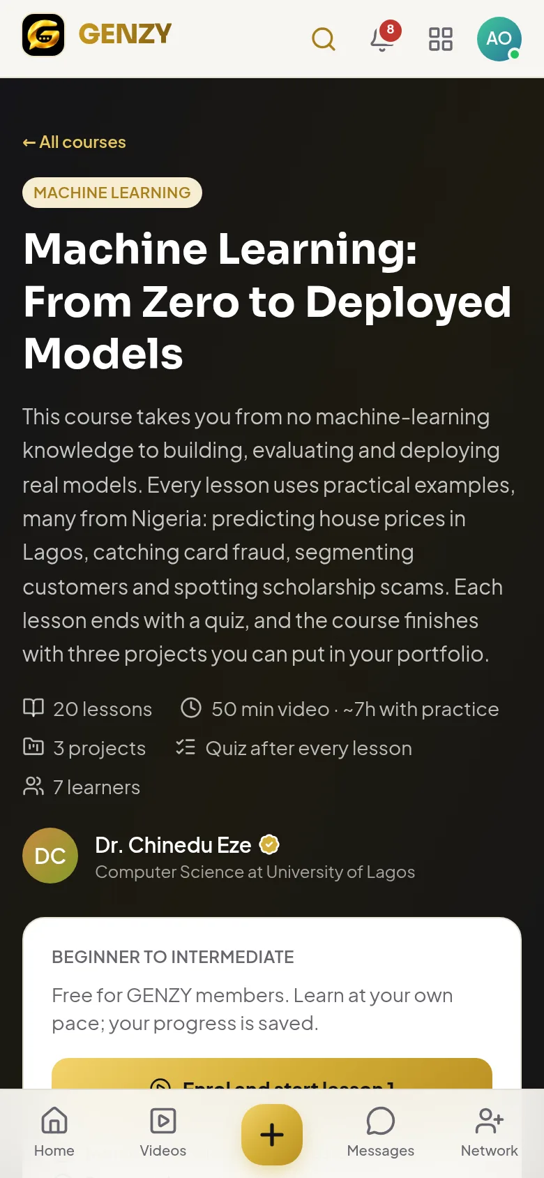 A GENZY course page: Machine Learning